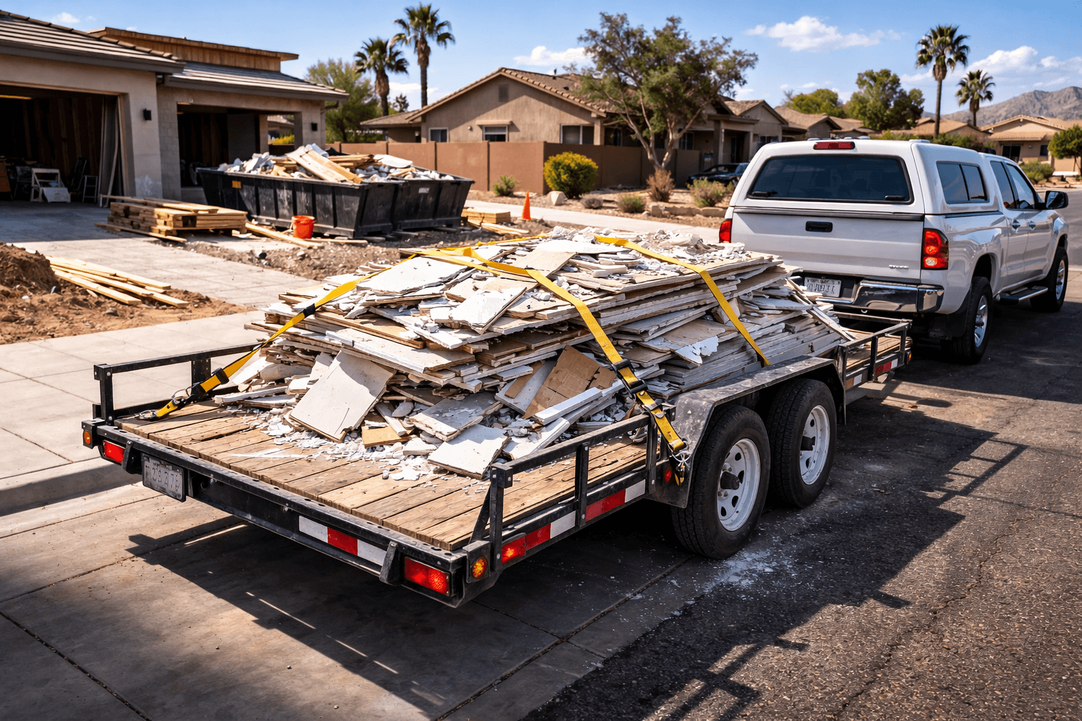 White pickup truck towing a trailer overflowing with construction debris on a sunny residential street.