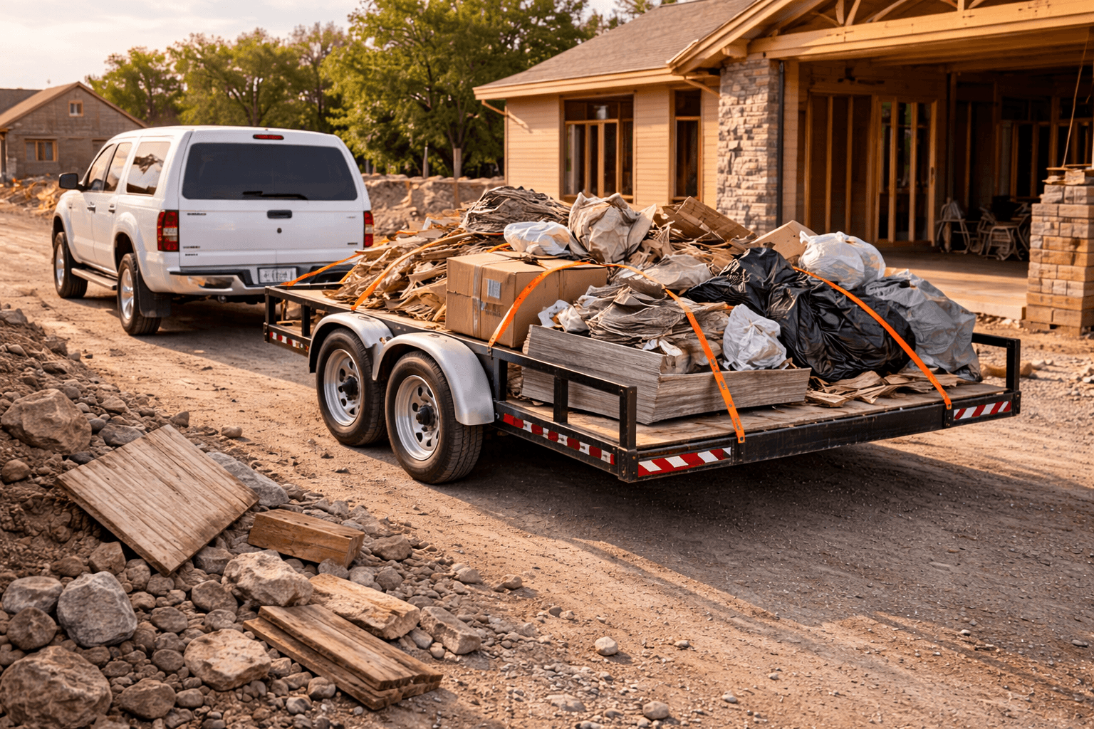 White SUV towing a trailer filled with construction debris and trash bags at a building site.