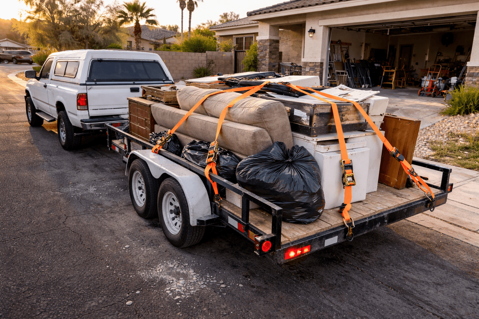 White pickup truck towing a trailer loaded with furniture and appliances secured with orange straps.