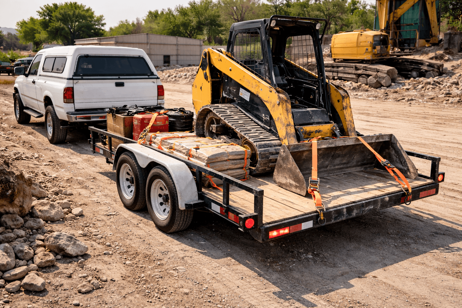 White pickup truck towing a trailer with a yellow skid steer loader and construction supplies.