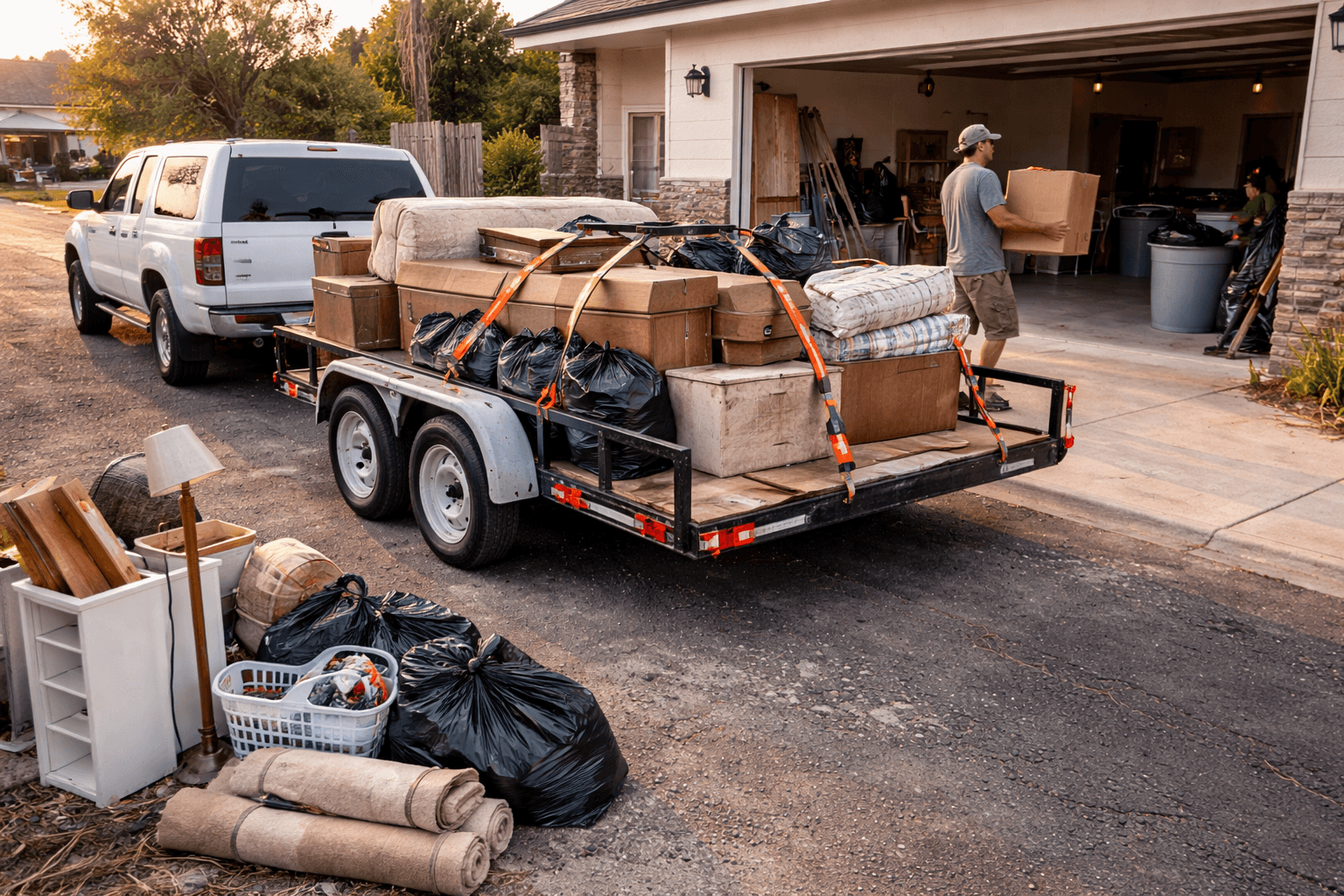 Man carrying a box into a garage next to a trailer loaded with household items and bags.