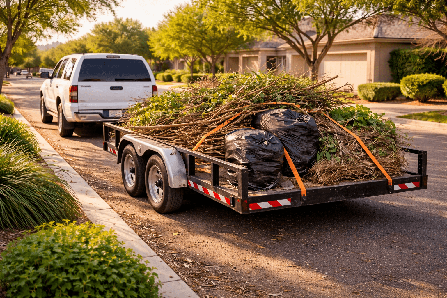 White SUV towing a trailer piled with tree branches and black yard waste bags.